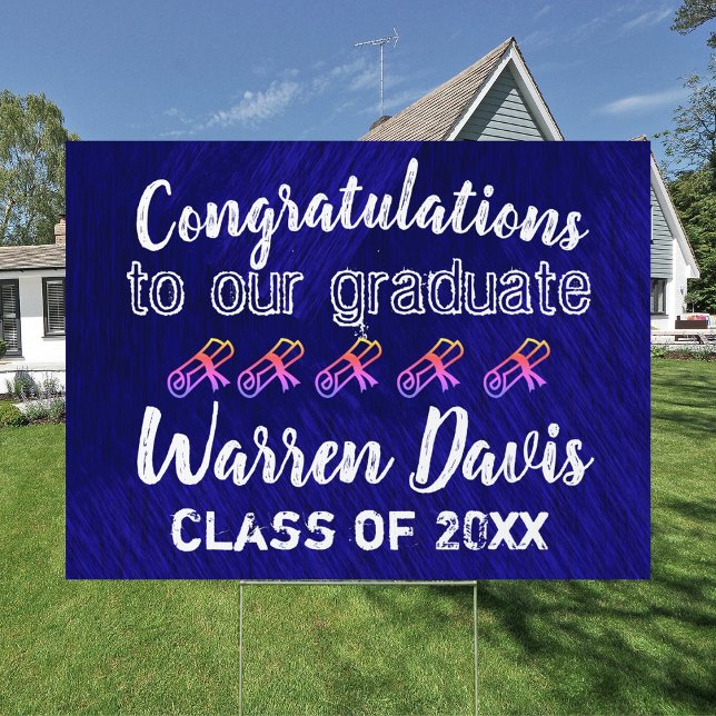 Royal Blue & White Graduation Yard Sign (ROYAL BLUE SCHOOL COLORS GRADUATION GRADUATE YARD SIGN HIGH SCHOOL COLLEGE DARK BLUE WHITE TEXT)
