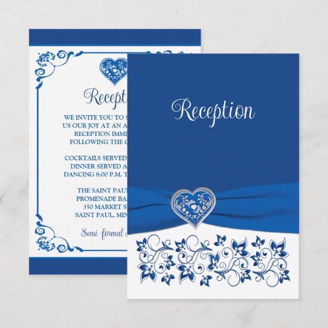 Royal Blue, White Heart of Love Reception Card (Front/Back)
