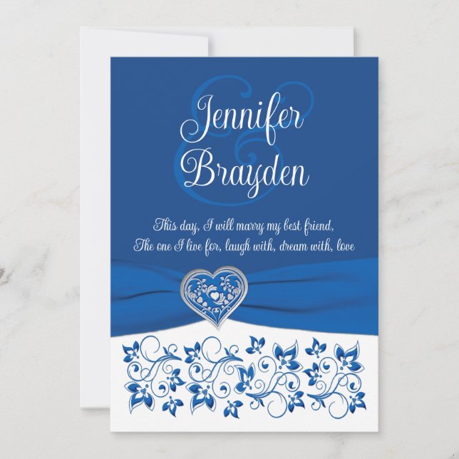 Royal Blue, White Heart of Love Wedding Invitation (Front)