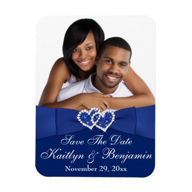 Royal Blue White Hearts Save the Date Photo Magnet (Vertical)