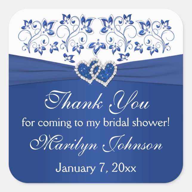 Royal Blue White Joined Hearts Bridal Shower Favor Square Sticker (Front)