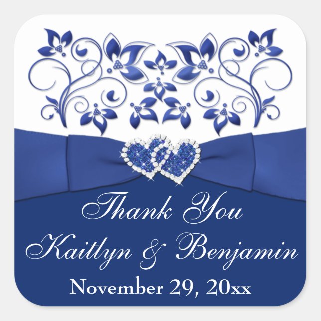Royal Blue, White Joined Hearts Favor Sticker (Front)