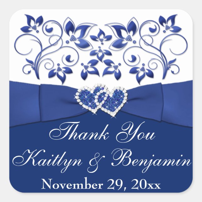 Royal Blue, White Joined Hearts Favor Sticker (Front)