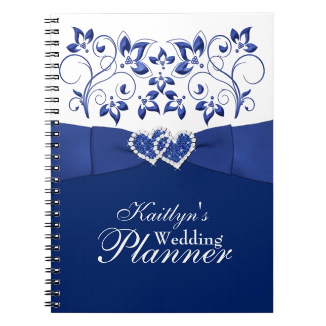 Royal Blue, White Joined Hearts Floral Notebook 2 (Front)