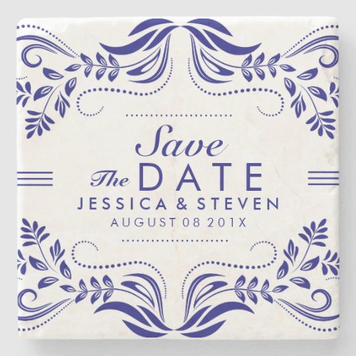 Royal Blue  White Lace Save The Date Sticker 2 Stone Coaster