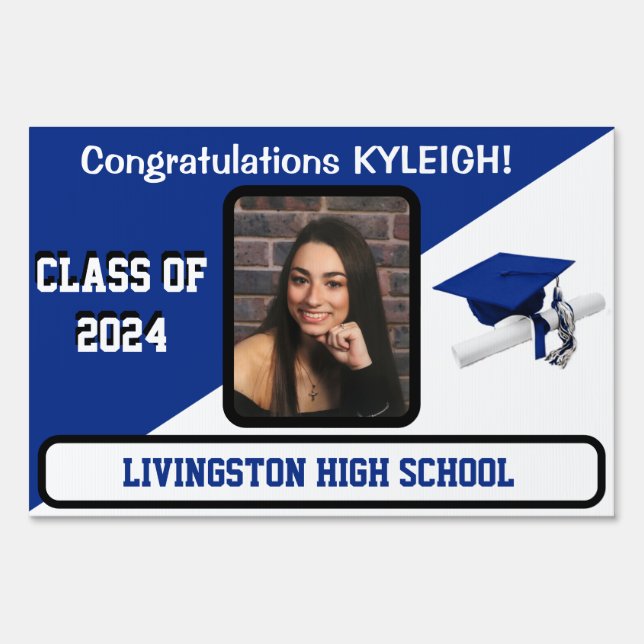 Royal Blue & White Large Two-Sided Graduation Lawn Sign (Front)