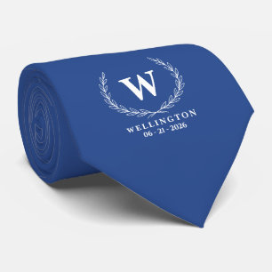 Royal Blue White Laurel Monogram Name Wedding Date Neck Tie