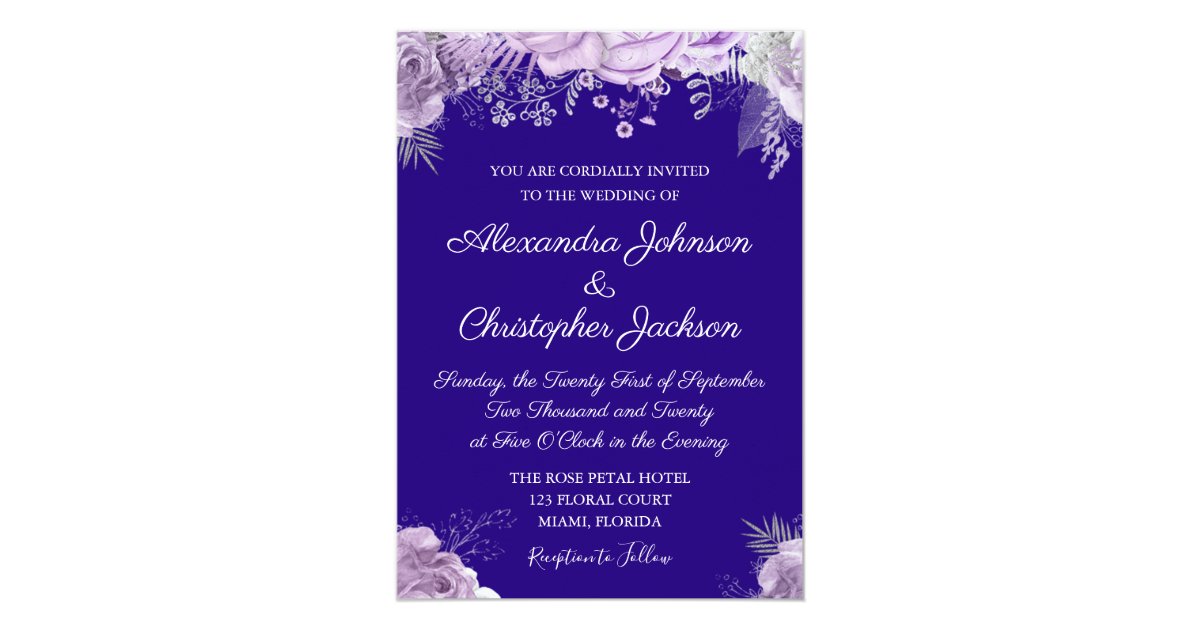 Royal Blue, White Lavender Purple Wedding Invitation