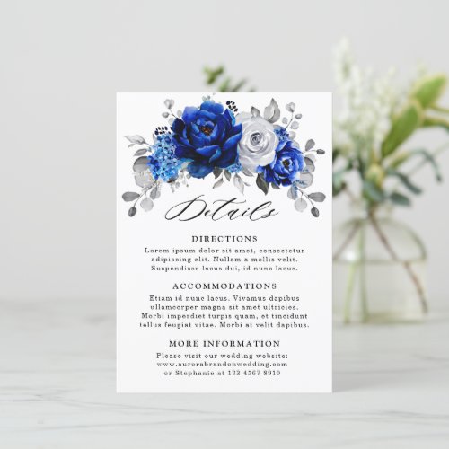 Royal Blue White Metallic Silver Floral Details Enclosure Card