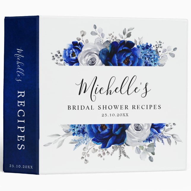 Royal Blue White Metallic Silver Floral Recipe 3 Ring Binder (Front/Spine)