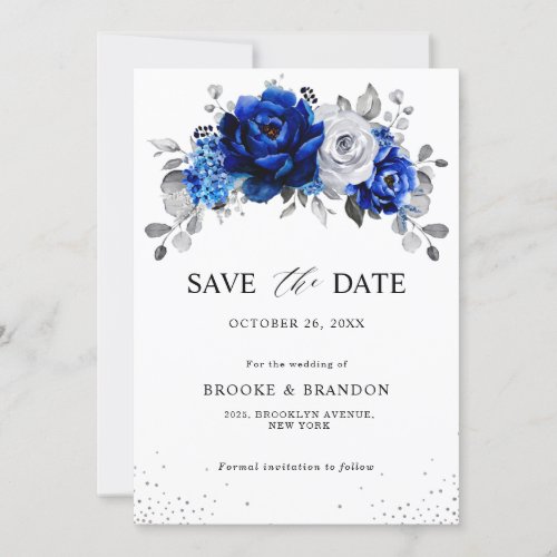 Royal Blue White Metallic Silver Floral  Save The Date