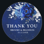 Royal Blue White Metallic Silver Floral Wedding Cl Classic Round Sticker<br><div class="desc">Elegant royal blue white silver theme wedding thank you sticker featuring elegant bouquet of royal blue,  Navy,  silver,  pure white color rose flowers buds and sage green eucalyptus leaves. Please contact me for any help in customization or if you need any other product with this design.</div>