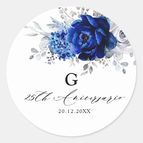 Royal Blue White Metallic Silver Floral Wedding Cl Classic Round Sticker