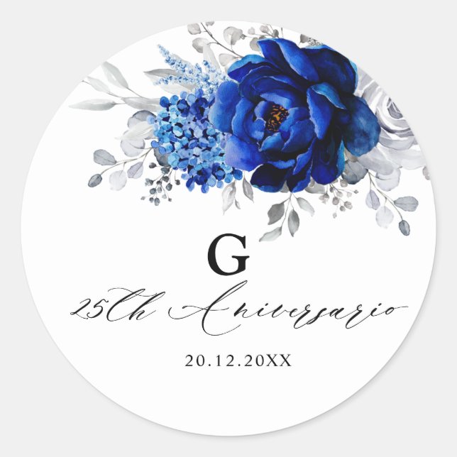 Royal Blue White Metallic Silver Floral Wedding Cl Classic Round Sticker (Front)