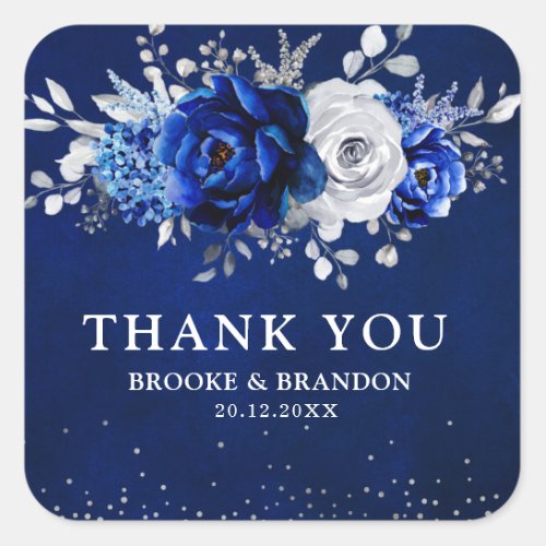 Royal Blue White Metallic Silver Floral Wedding Cl Square Sticker