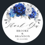 Royal Blue White Metallic Silver Floral Wedding Classic Round Sticker<br><div class="desc">Elegant royal blue white silver theme wedding thank you sticker featuring elegant bouquet of royal blue,  Navy,  silver,  pure white color rose flowers buds and sage green eucalyptus leaves. Please contact me for any help in customization or if you need any other product with this design.</div>