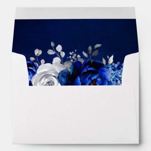 Royal Blue White Metallic Silver Floral Wedding En Envelope