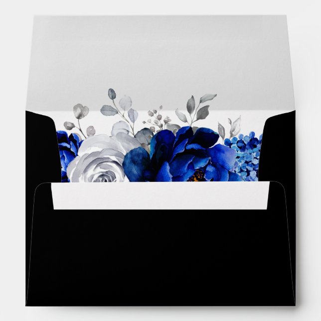 Royal Blue White Metallic Silver Floral Wedding En Envelope (Back (Bottom))