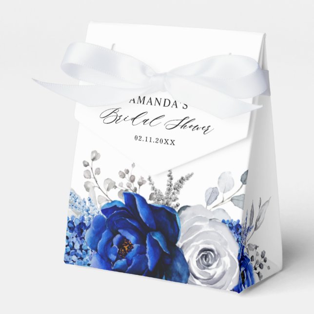 Royal Blue White Metallic Silver Floral Wedding Favor Boxes (Front Side)