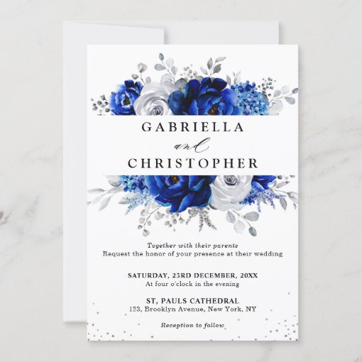 Royal Blue White Metallic Silver Floral Wedding Invitation | Zazzle