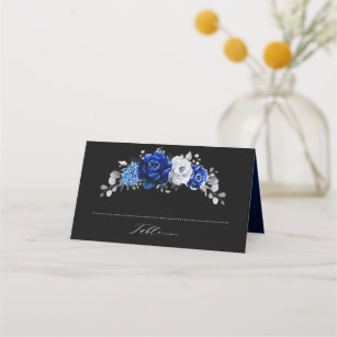 Royal Blue White Metallic Silver Floral Wedding Pl Place Card