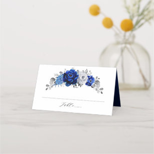 Royal Blue White Metallic Silver Floral Wedding Place Card