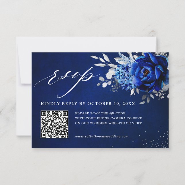 Royal Blue White Metallic Silver Floral Wedding QR RSVP Card (Front)