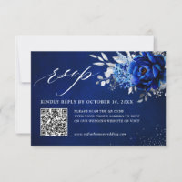 Royal Blue White Metallic Silver Floral Wedding QR