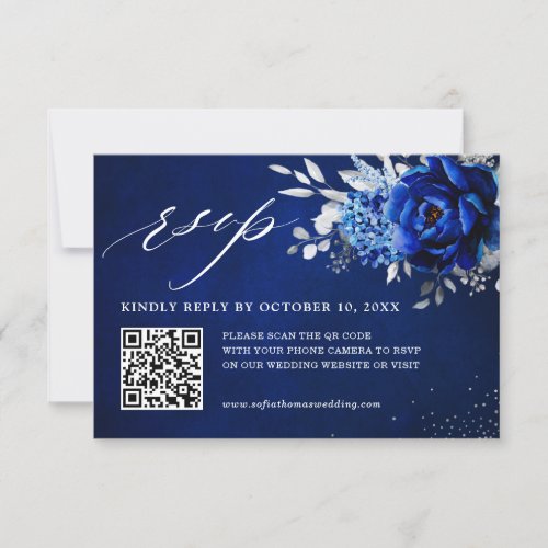 Royal Blue White Metallic Silver Floral Wedding QR RSVP Card