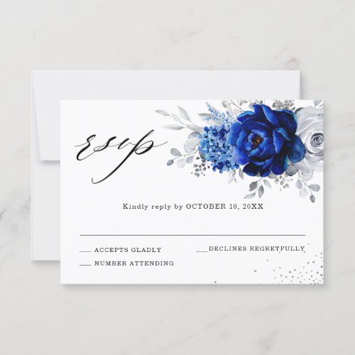 Royal Blue White Metallic Silver Floral Wedding RSVP Card