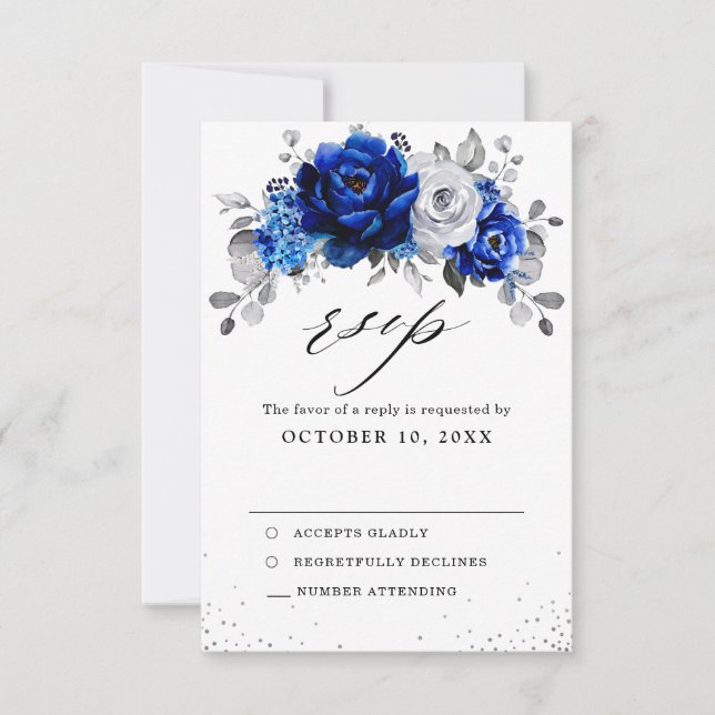 Royal Blue White Metallic Silver Floral Wedding RSVP Card (Front)