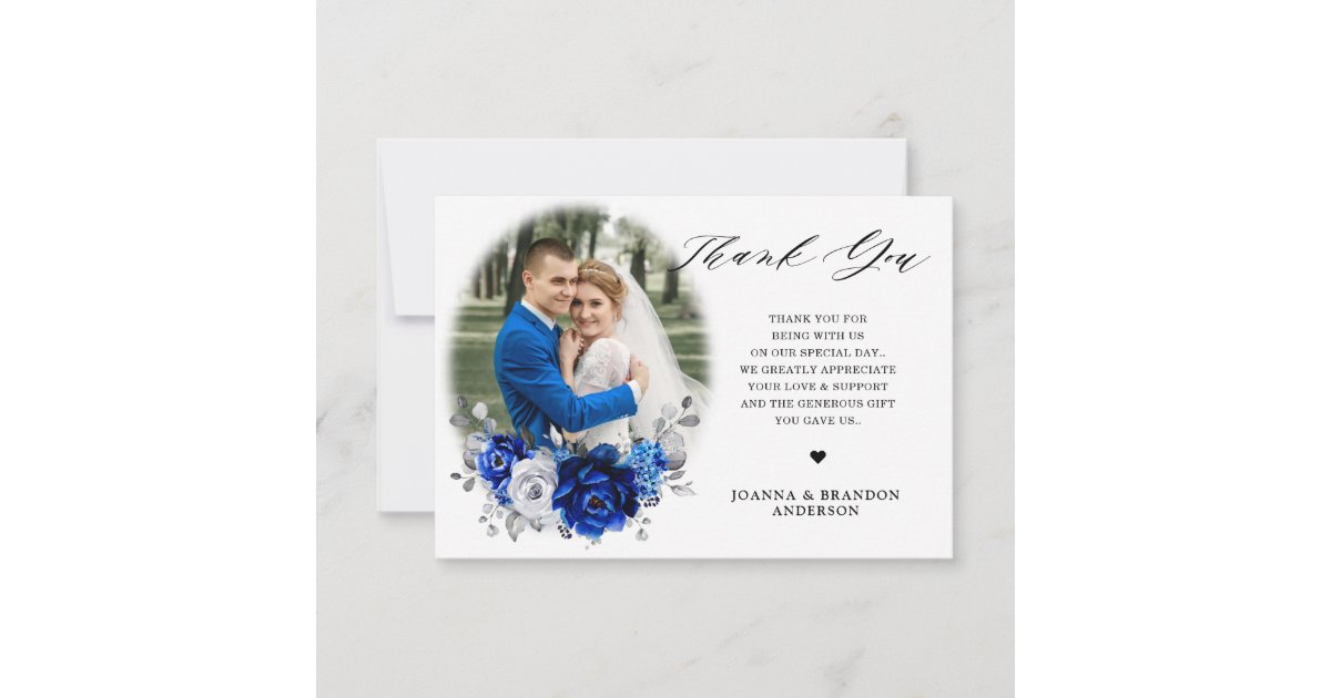 Royal Blue White Metallic Silver Floral Wedding Thank You Card | Zazzle
