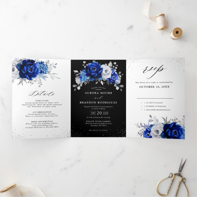 Royal Blue White Metallic Silver Floral Wedding Tr Tri-Fold Announcement (Inside)