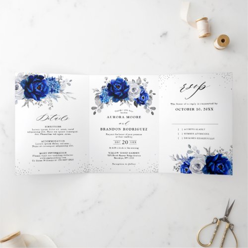 Royal Blue White Metallic Silver Floral Wedding Tr Tri_Fold Announcement
