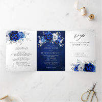 Royal Blue White Metallic Silver Floral Wedding