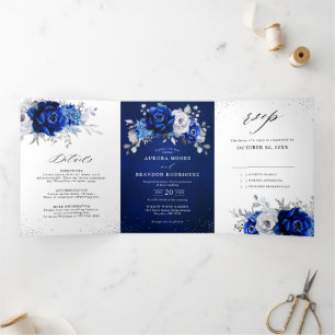 Royal Blue White Metallic Silver Floral Wedding Tri-Fold Announcement