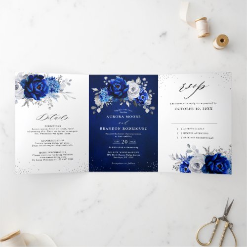 Royal Blue White Metallic Silver Floral Wedding Tri_Fold Announcement