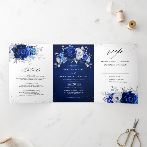Royal Blue White Metallic Silver Floral Wedding Tri-Fold Announcement
