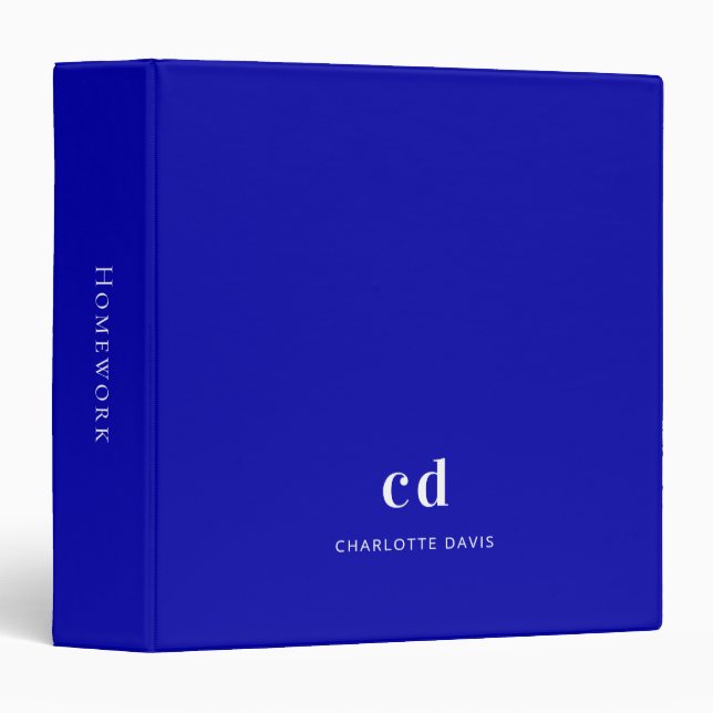 Royal blue white monogram initials name 3 ring binder (Front/Spine)