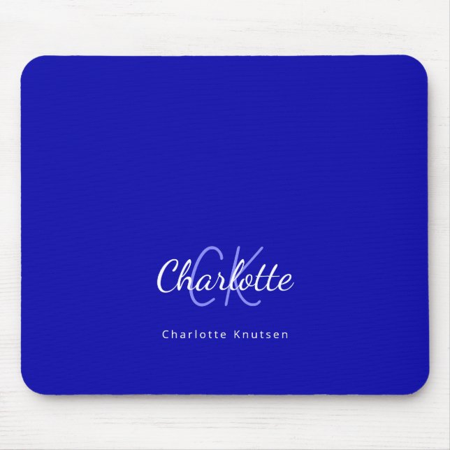 Royal blue white monogram initials name mouse pad (Front)