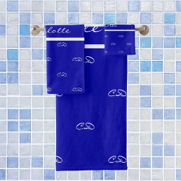 Royal blue white monogram initials pattern name bath towel set