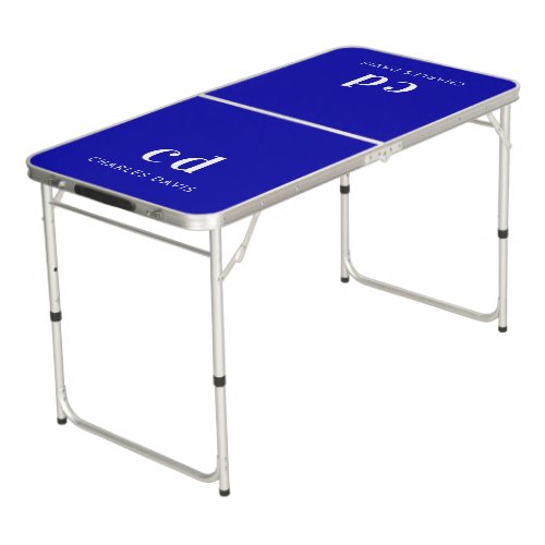 Royal blue white name monogram initials beer pong table