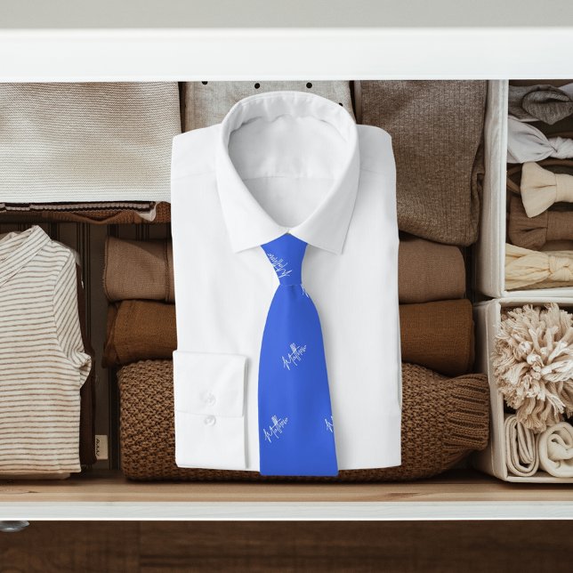 Royal blue white name pattern modern script neck tie (Creator Uploaded)