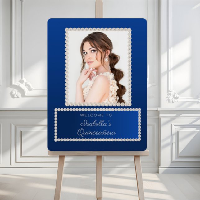 Royal Blue White Pearls Quinceañera Photo Foam Board (Elegant royal blue with white pearls Quinceañera photo welcome sign.)