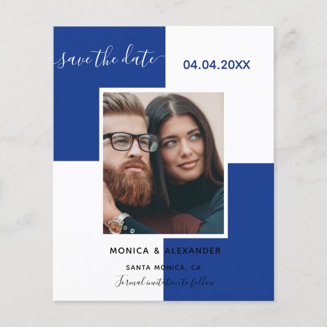 Royal blue white photo wedding Save the Date (Front)