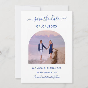 Royal blue white photo wedding Save the Date