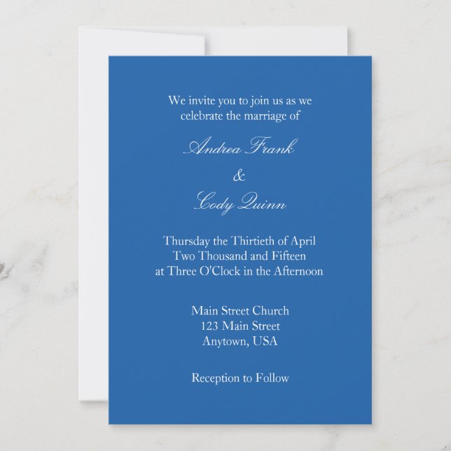 Royal Blue White Plain Simple Wedding Invitation (Front)