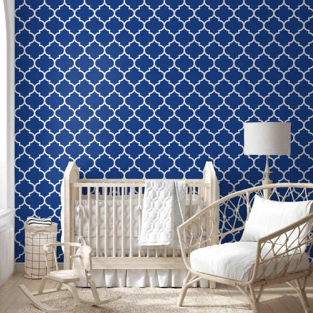 Royal Blue White Quatrefoil Pattern Wallpaper (Kids)