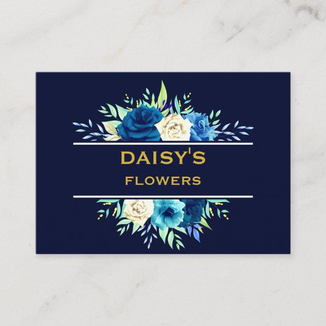 Royal Blue White Rose Flowers Floral    Business Card (Front)