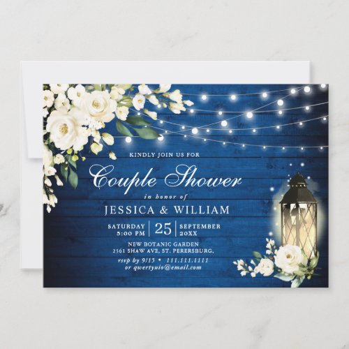 Royal Blue White Rose Lantern Rustic Couple Shower Invitation